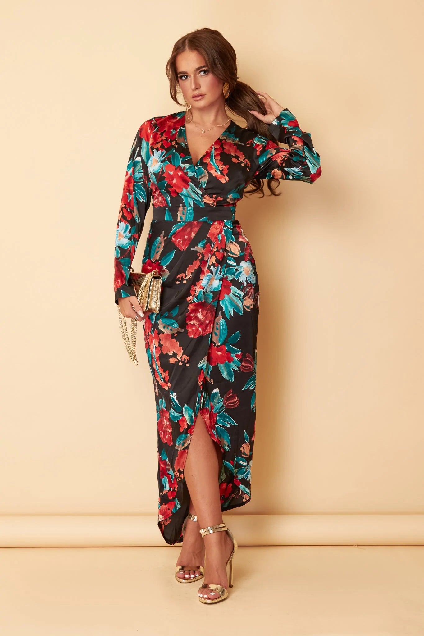 pleated maxi dressGrace Red Teal Floral Print Long Sleeve Maxi Dress