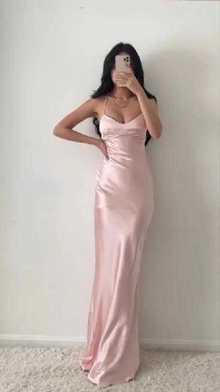 casual day dressLight Pink Satin Sheath Elegant Simple Long Party Dress, DP2444