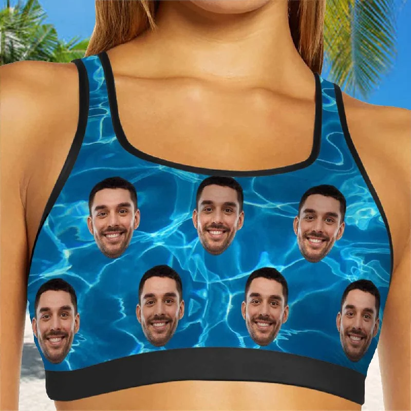 Final Markdown Custom Husband Face Blue Waves Sports Bra Personalized Women's All Over Print Yoga Sports Bra