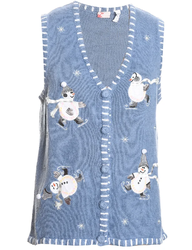 Bonus Savings Snowman Design Blue Embroidered Sweater Vest - L