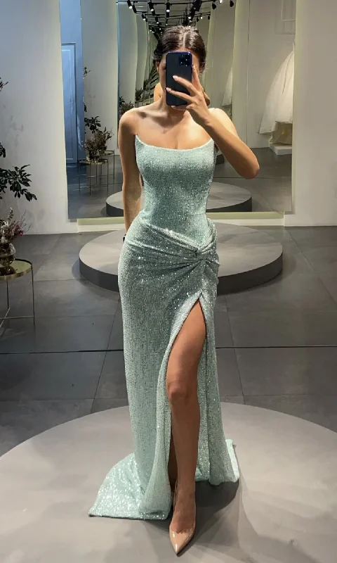 casual summer dressLight Blue Strapless Sequins Mermaid Long Prom Dress with Slit, DP2487