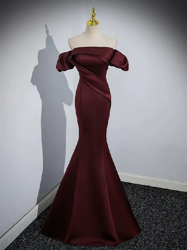 chic wrap dressBurgundy Satin Mermaid Off Shoulder Formal Evening Party Dress, DP2468