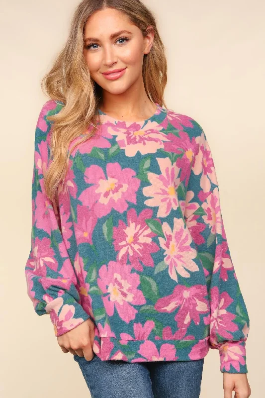 TEAL FLORAL BRUSHED HACCI SOFT SWEATER KNIT TOP