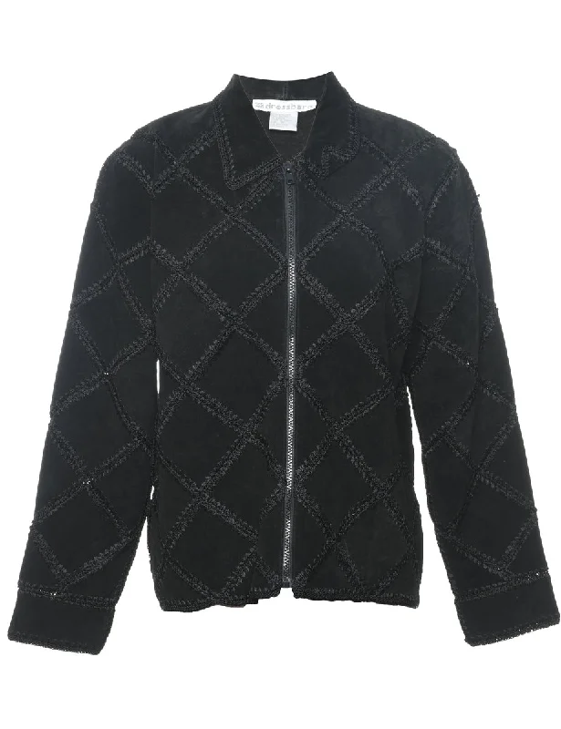 Year-End Clearance Dress Barn Black Embroidered Zip-Front Suede Jacket - S