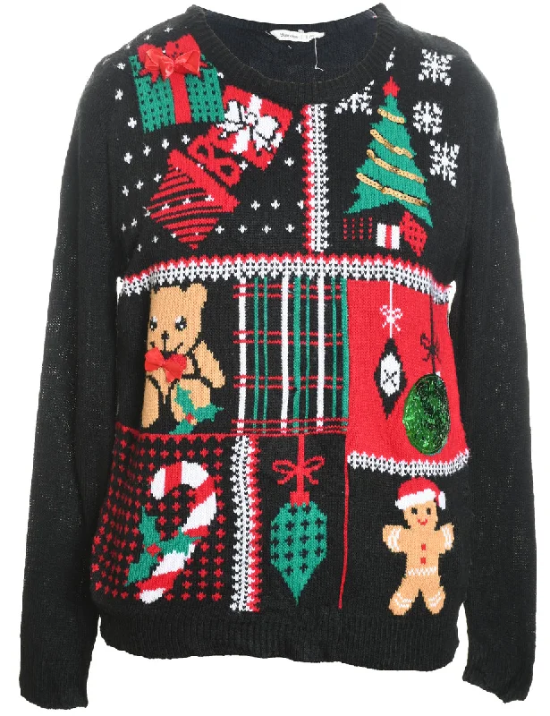 Warehouse Sale Black Teddy Bear Design Christmas Jumper - L