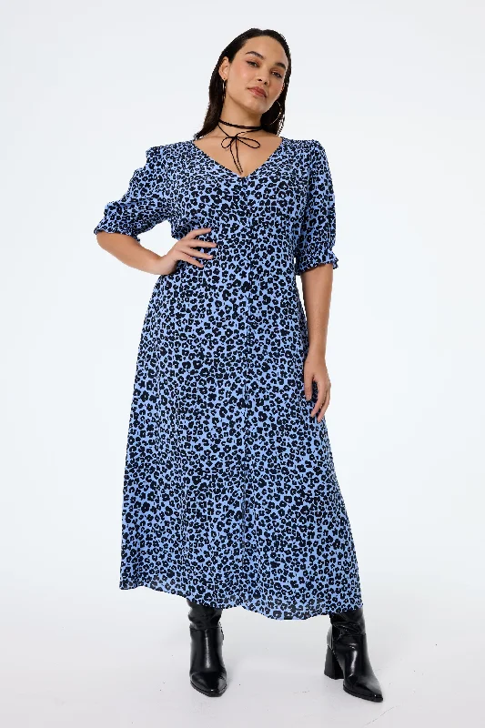 classic fit-and-flare dressBlue with Black Floral Leopard Flute Sleeve Midi Tea Dress