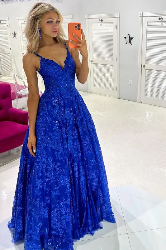 Special Savings classic fit-and-flare dressRoyal Blue Sequin Lace V-Neck A-Line Long Prom Dress,DP821