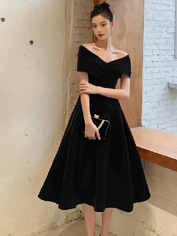 mini dressBlack Off Shoulder Velvet Knee Length Formal Prom Dress Evening Party Dress,DP1732