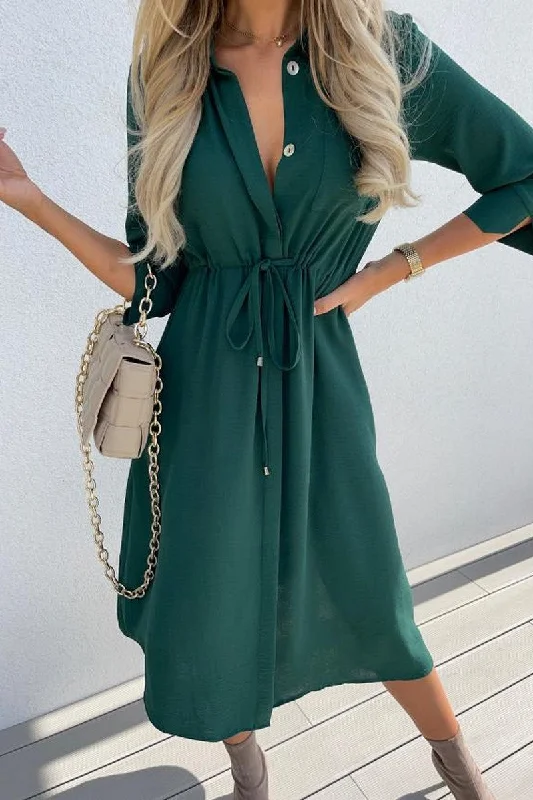 party-ready dressWOMEN DRASTRING WAIST BUTTON DOWN LONG DRESS