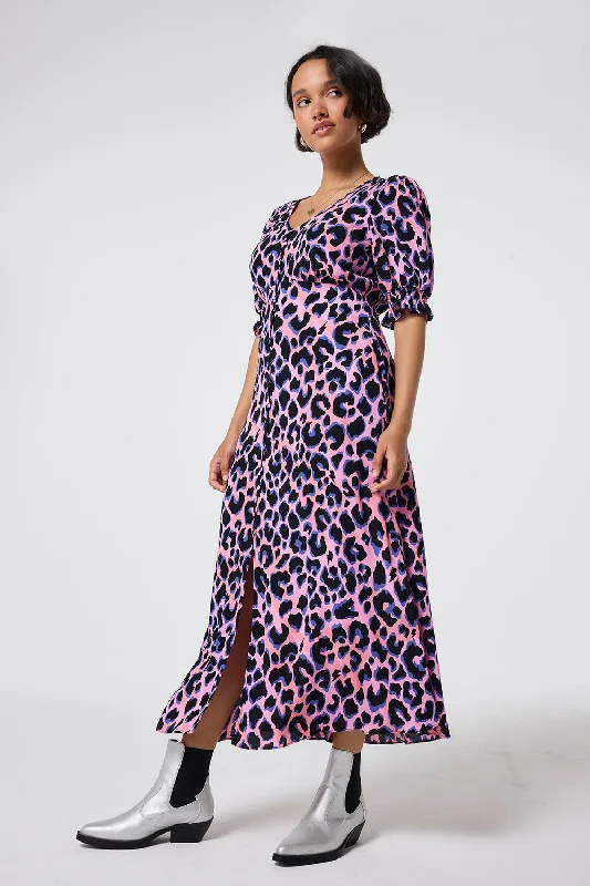 fitted dressPink with Blue and Black Shadow Leopard Flute Sleeve Midi Tea Dress