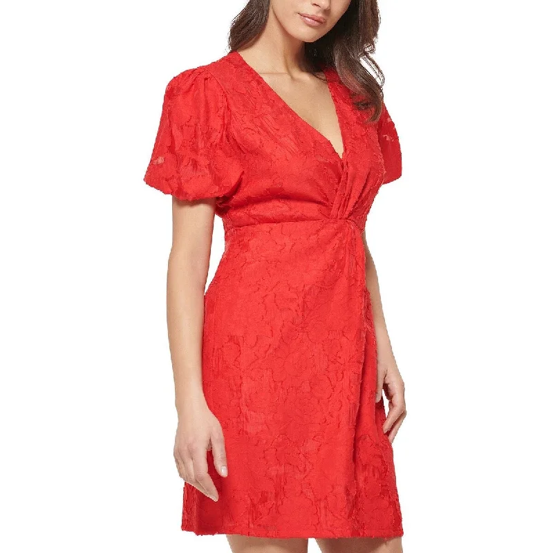 Deep Discounts Guess Women's Textured Puff Sleeve Dress Red Size 10