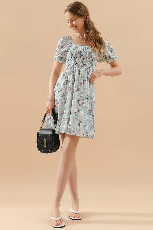 off-shoulder dressPATTERNED SQUARE NECK PUFF SLEEVE SHORT CAKE DRESS