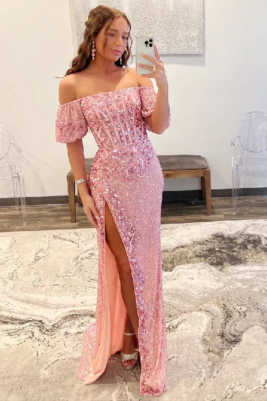 Quick Sale wrap-around dressPink Off Shoulder Sparkle Sequined Beaded Long Prom Party Dress with Slit,DP1000