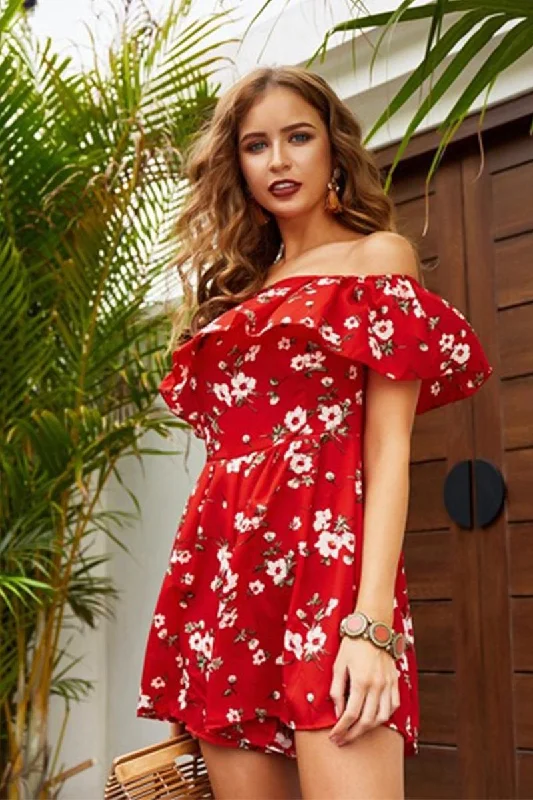 vintage dressOFF SHOULDER FLORAL PRINTING SHORT DRESS