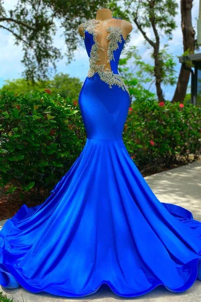 summer floral dressRoyal Blue Long Mermaid Appliques Sequined Black Girl Prom Dress, DP2307