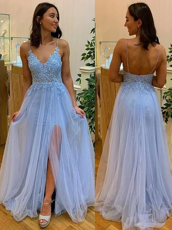 Sneak Peek Sale boho-chic dressLight Blue Backless A-Line Tulle Appliques Long Prom Dress,DP1006 Sneak Peek Sale boho-chic dressLight Blue Backless A-Line Tulle Appliques Long Prom Dress,DP1006