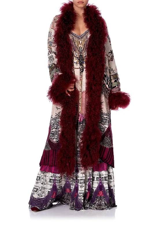 Steals and Deals LONG KNIT JACQUARD COAT WITH FUR VIOLET CITY