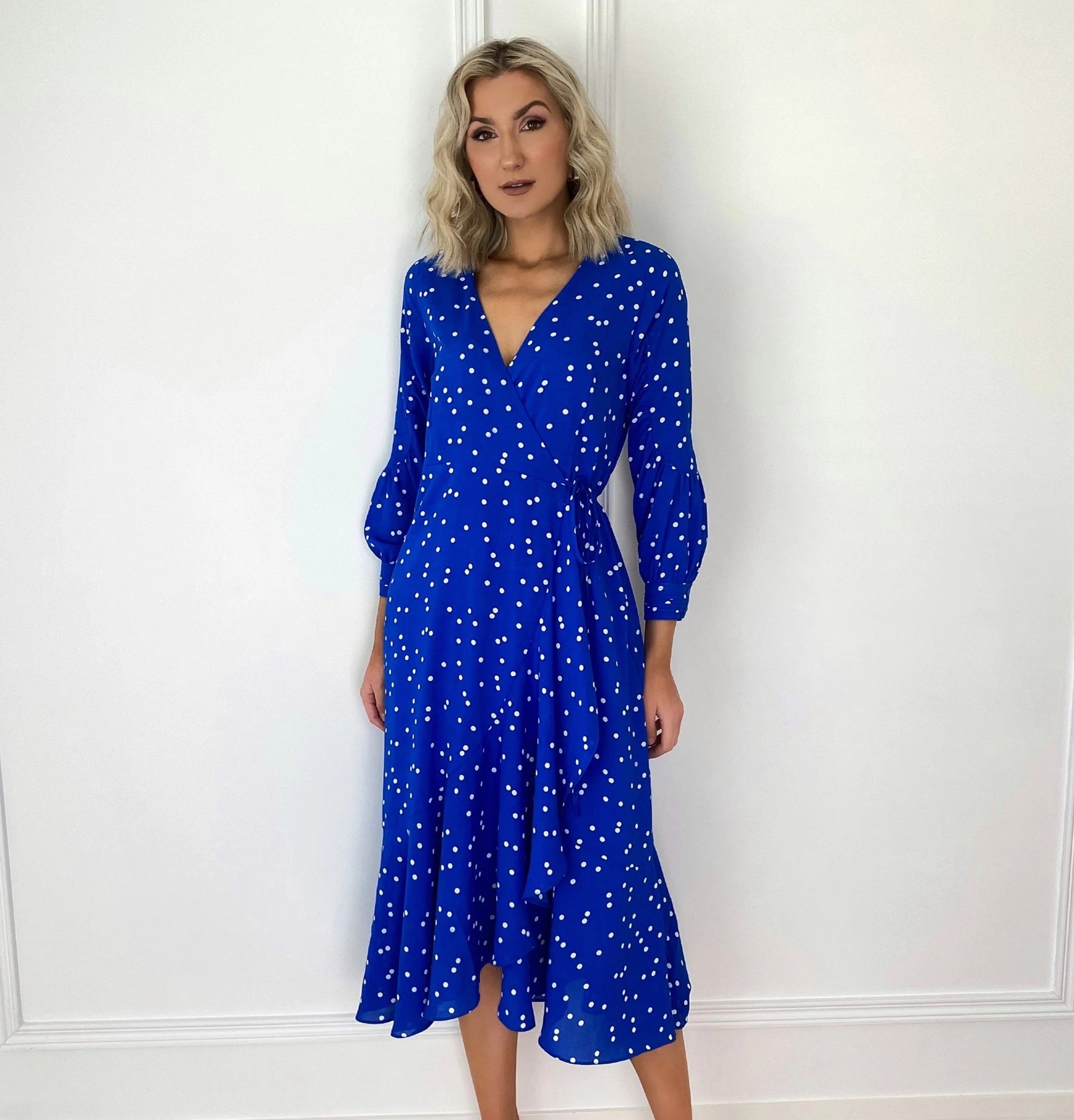 off-the-shoulder dressEmer Cobalt Blue Polka Dot Wrap Frill Hem Dress