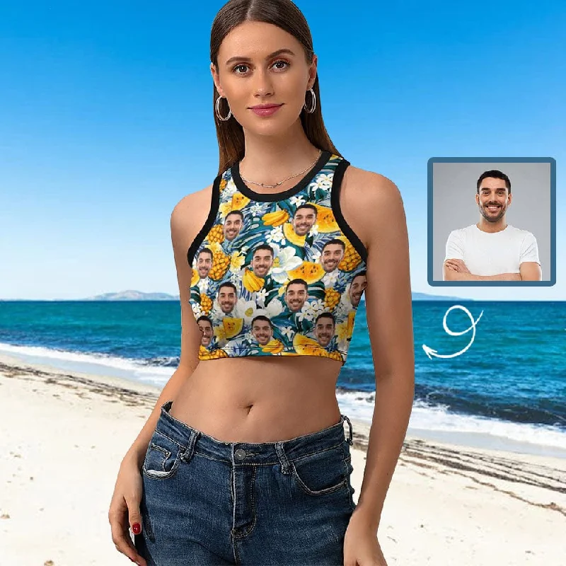 Discount Days Print Your Face on Top Personalized Tropical Fruit Women's High Neck Crop Top