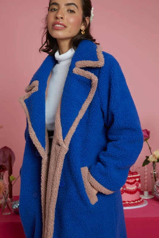 Discount Deals Elle Borg Stitch Edged Longline Coat - Blue