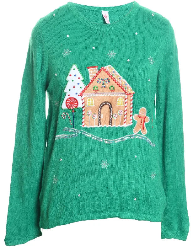 Final Markdown Green Classic Knit Embroidered Christmas Jumper - M
