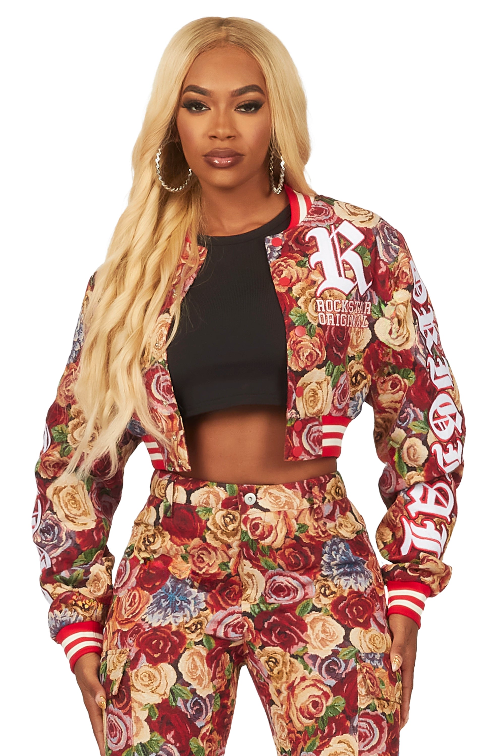 TIME-Limited Offer Darresha Red Crop Tapestry Varsity Jacket