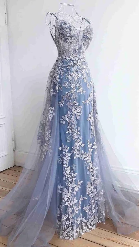 Deal Zone sophisticated dressBlue Tulle Appliques Prom Dress Long Party Dress,DP1031