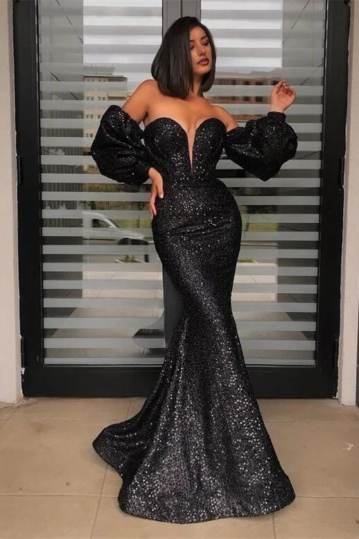 Deal Mania relaxed fit dressBlack Sweetheart Sequins Mermaid Long Prom Dress with Detachable Sleeves,DP843 Deal Mania relaxed fit dressBlack Sweetheart Sequins Mermaid Long Prom Dress with Detachable Sleeves,DP843