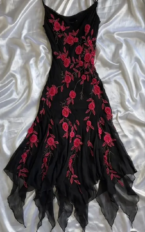 statement dressBlack Floral Appliques Straps Sexy Vintage Evening Dress, DP2508