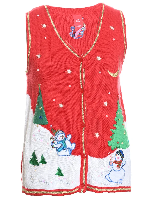 Massive Deals Snowman Design Red Knit Sweater Vest  - S