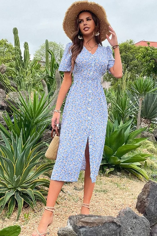 elegant maxi dressFLORAL V NECK PUFF BUTTON UP SLIT DRESS