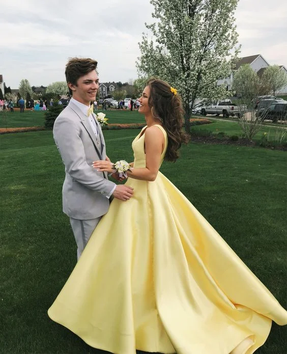 Time-Limited Offer fitted cocktail dressYellow Satin V Neck A-Line Long Prom Dress Formal Party Dress,DP896