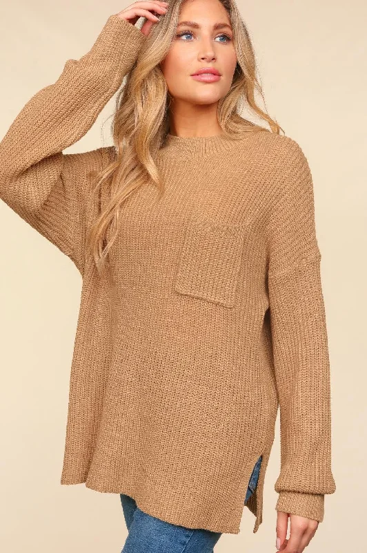 Taupe Mock Neck Oversized Pullover Sweater Knit Top