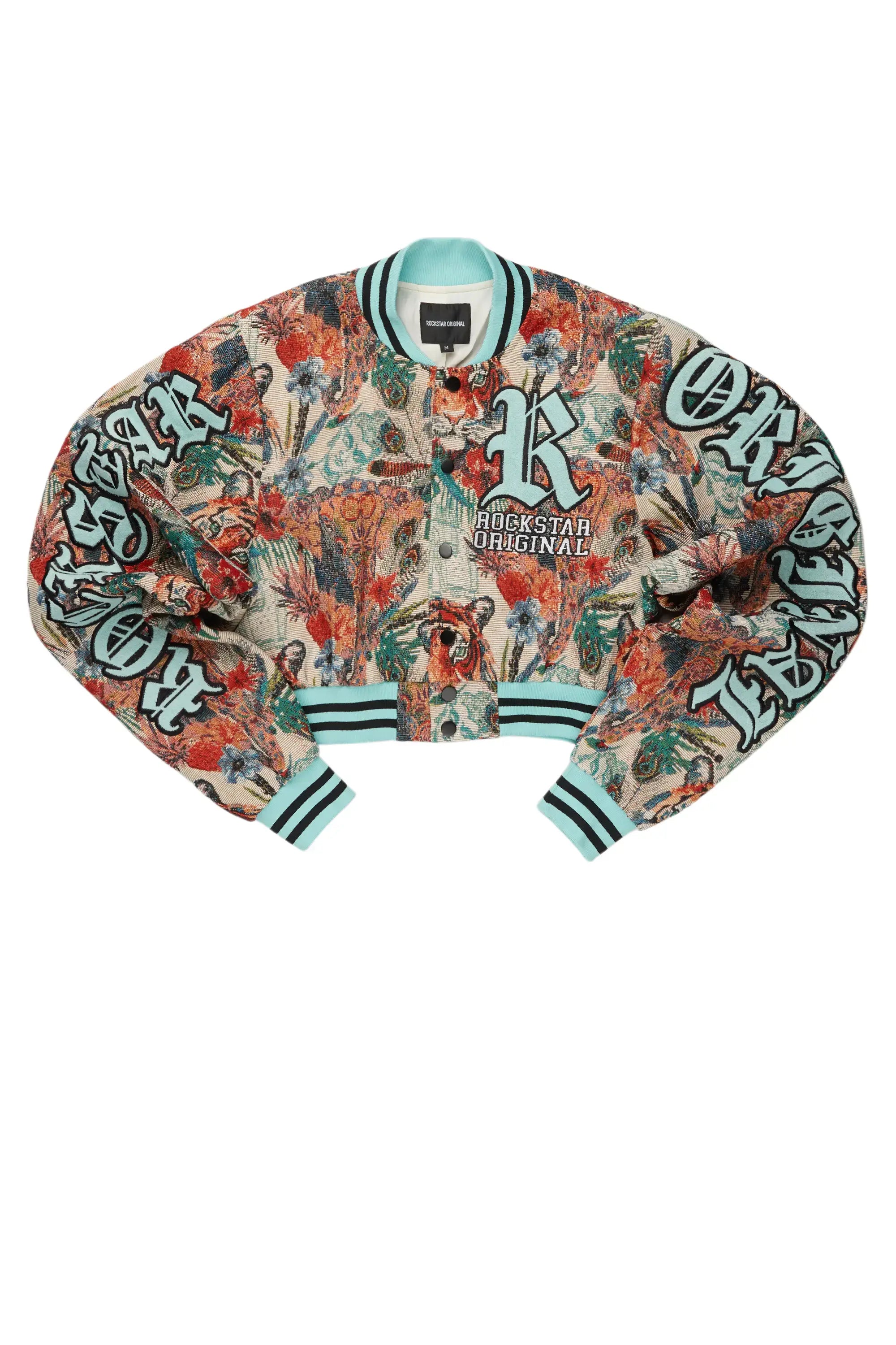 Final Markdown Rena Beige Crop Tapestry Varsity Jacket