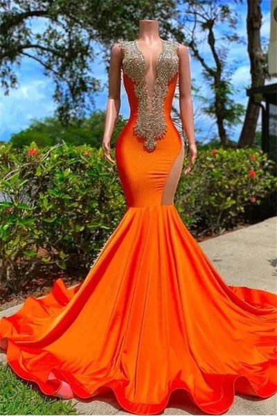 layered dressOrange Long Mermaid Beading Black Girl Prom Dress, DP2308