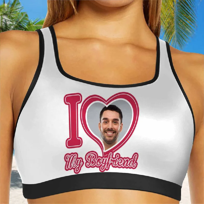 Deep Discounts Custom Face I Love My Boyfriend Sports Bra Personalized Women's All Over Print Yoga Sports Bra