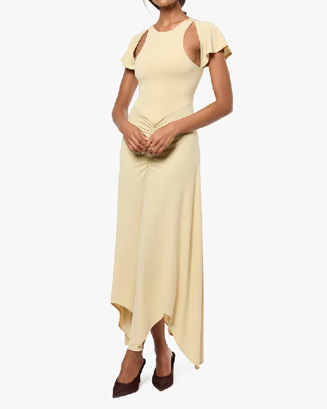 textured dressRuched Cut Out Asymmetrical Midi Dress