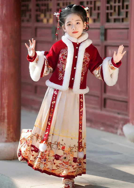 Lowest Price Elegant Champagne Fur Collar Button Kids Coats And Maxi Skirts Two Pieces Set Winter TR006