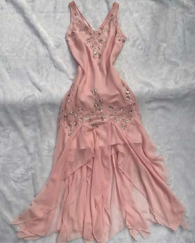 floral midi dressLight Pink V Neck Beading Ruffles Vintage Party Dress, DP2514