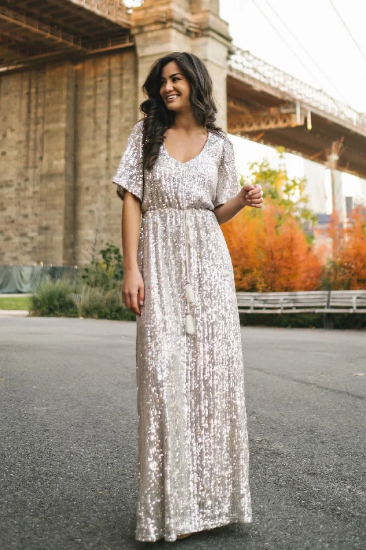 comfy maxi dressCelia Silver Sequin Maxi Dress