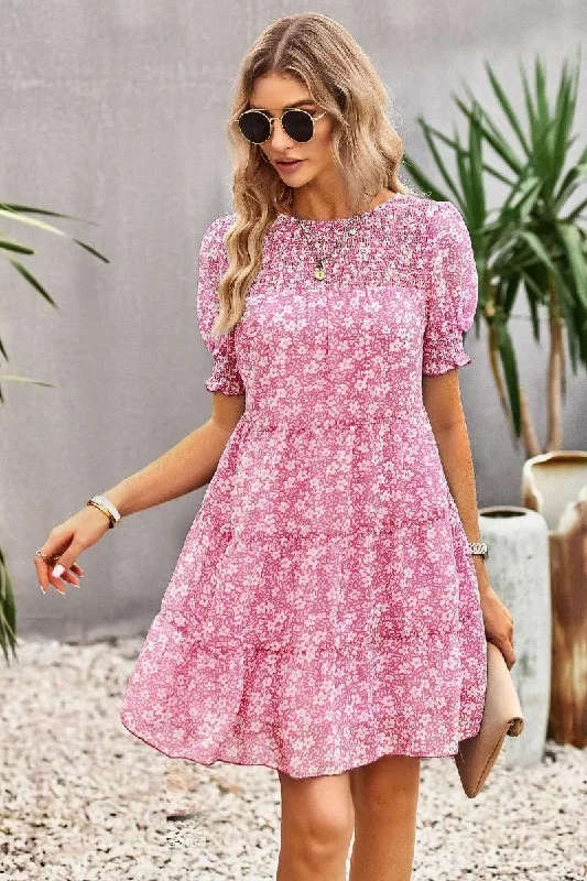 layered dressFLORAL PUFF SHOULDER KANKAN DRESS