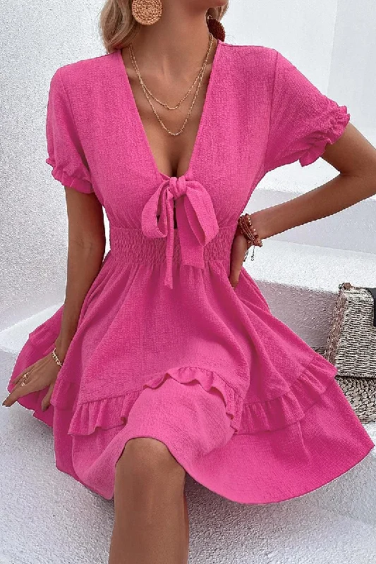 one-shoulder dressPUFF LACE RUFFLED TIED CHEST MINI DRESS