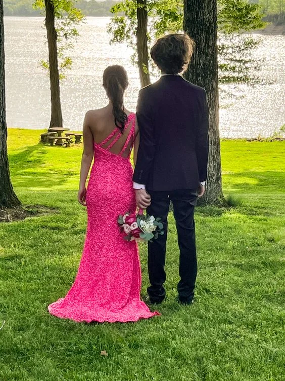 Deal Frenzy statement dressHot Pink One Shoulder Sequined Long Prom Dress with Slit,DP915