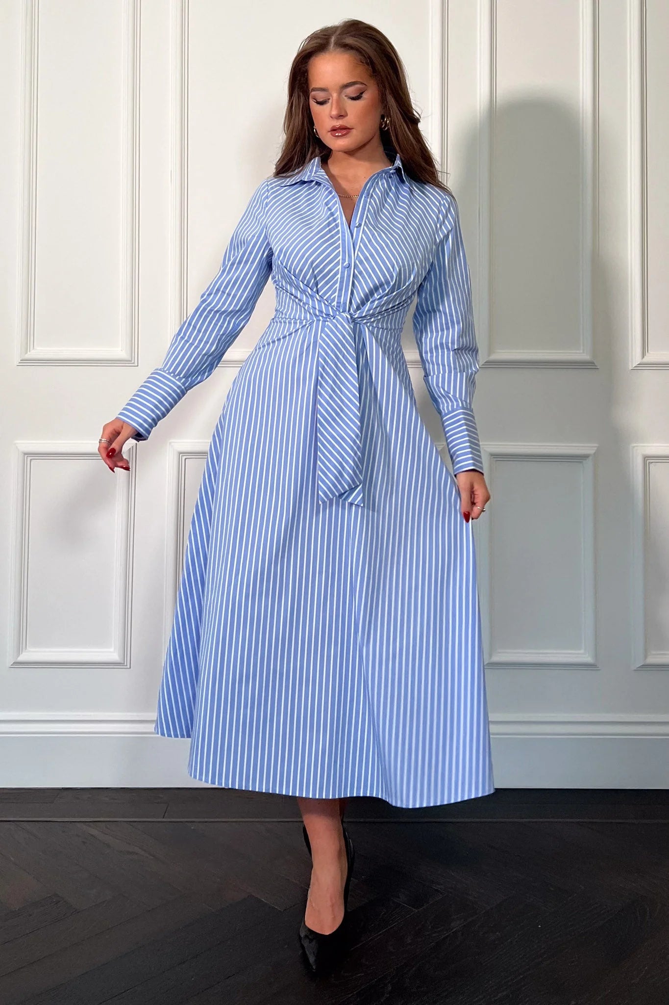 tiered dressLil Blue Pin Stripe Tie Front Shirt Dress