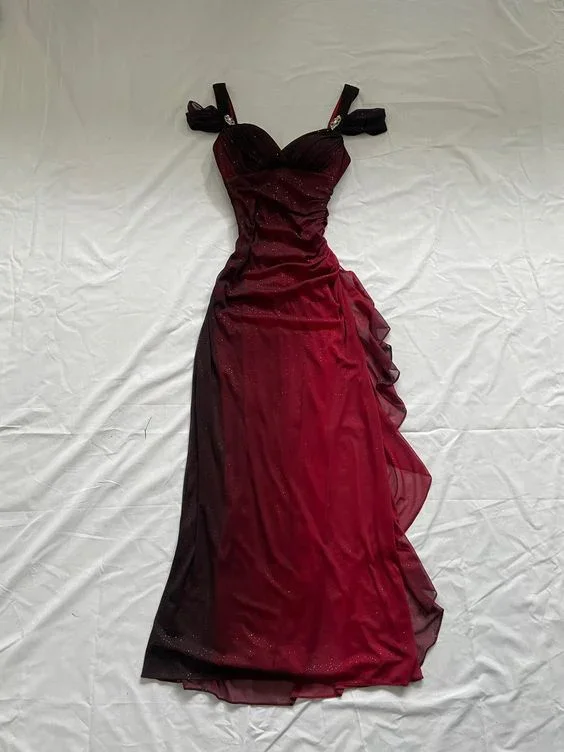 casual knit dressBurgundy Off Shoulder Ruffles Vintage Long Prom Dress, DP2493