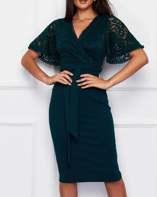 floral dressLynsey Emerald Green Lace Belted Midi Dress