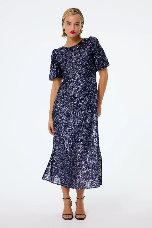 casual summer dressNavy Sequin Puff Sleeve Midi Dress