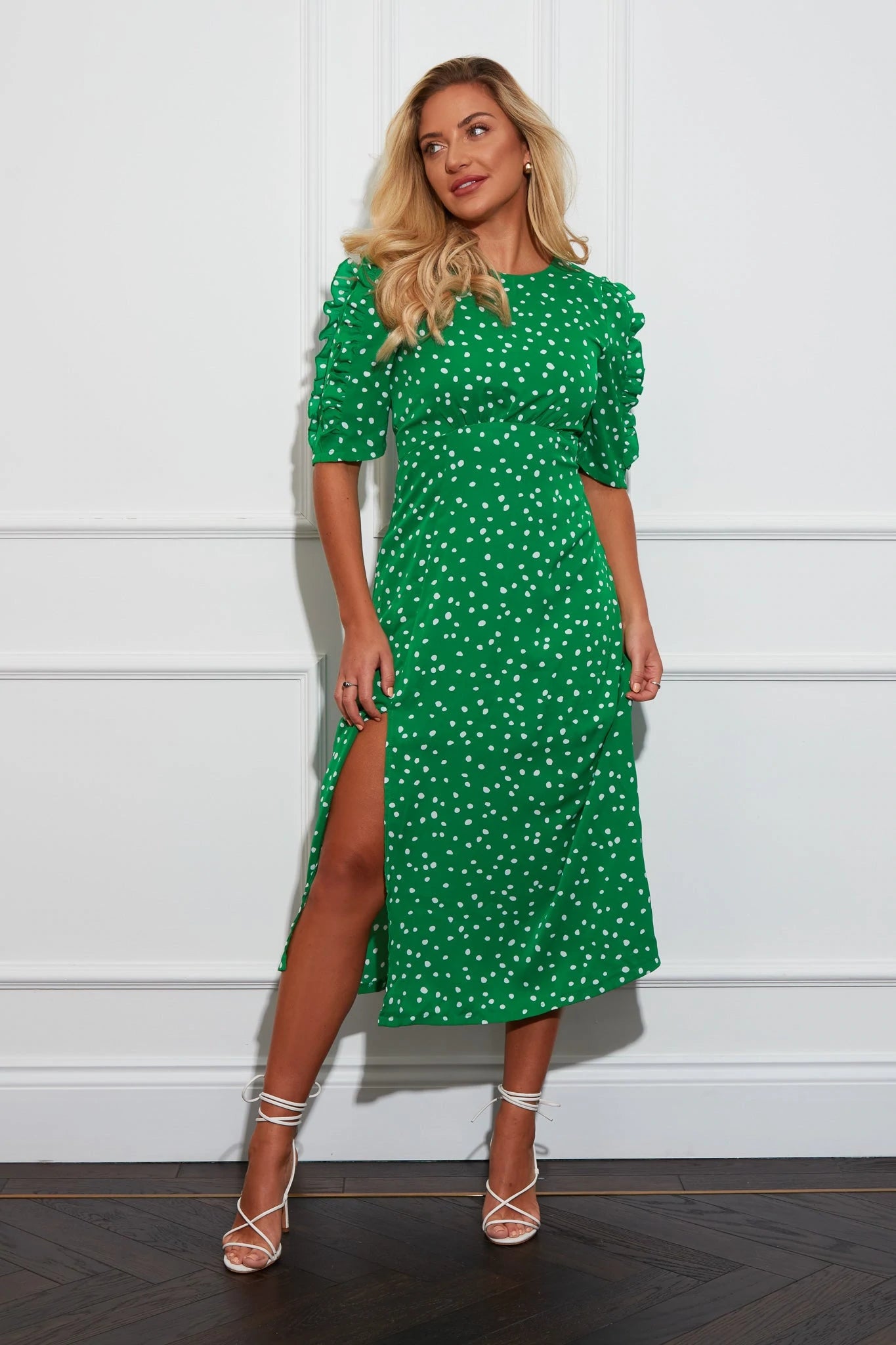 ruched dressCarly Green Polka Dot Frill Sleeve Midi Dress