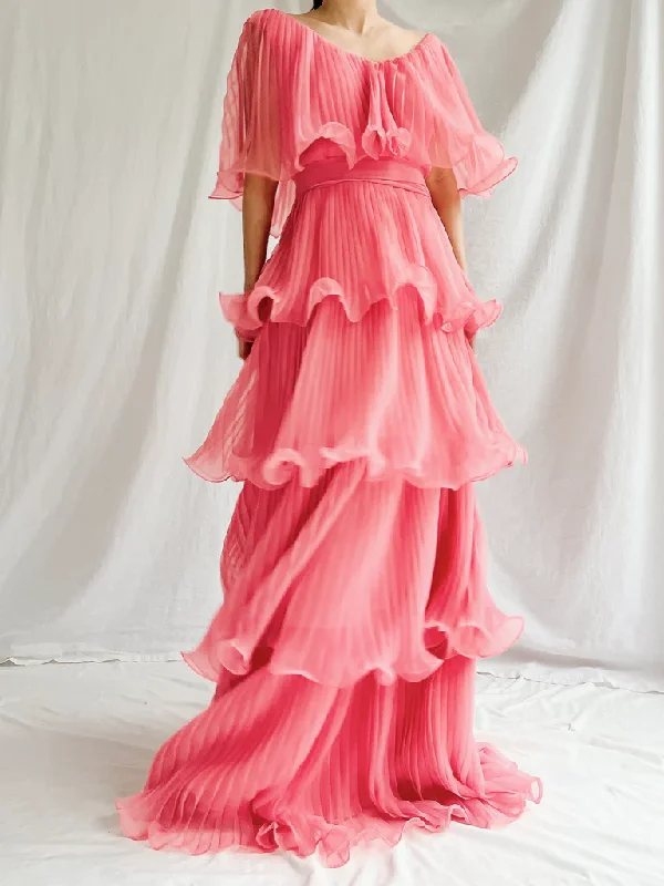 wrap dressWatermelon Red Chiffon A-Line Tiered Elegant Long Party Dress, DP2539