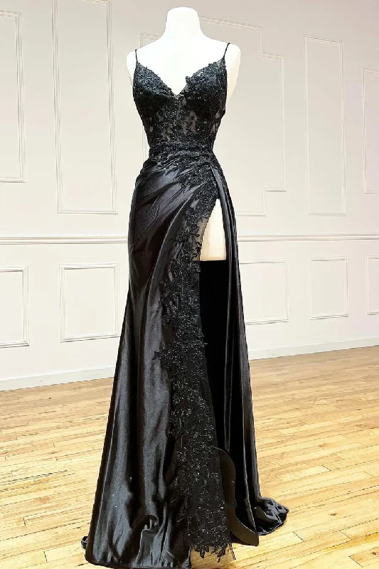 Value Deals ruched dressBlack Appliques V-Neck Lace-Up Prom Dress with Slit,DP826